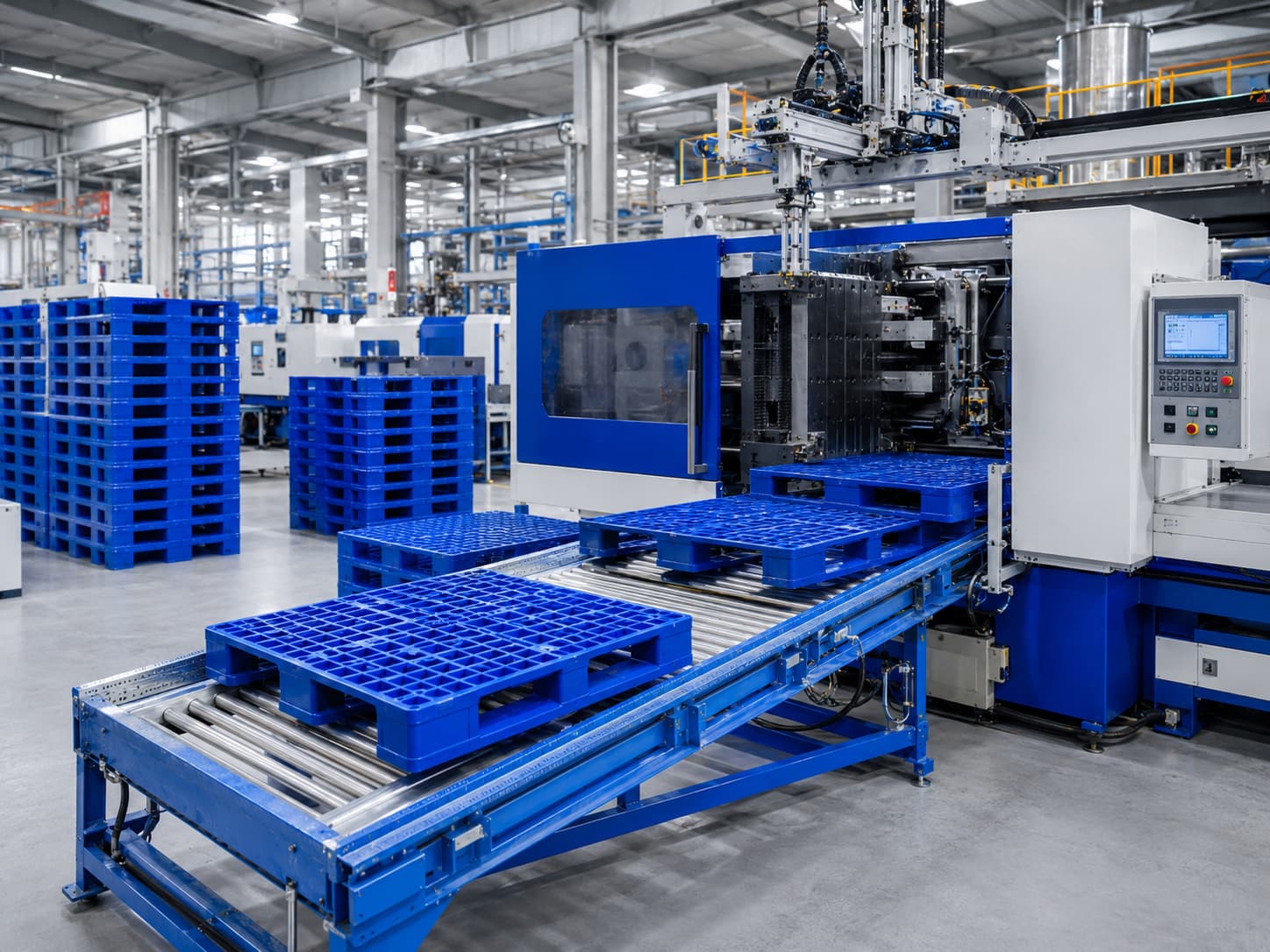 Plastic pallet manufacturer producing blue industrial pallets on automated injection molding production line