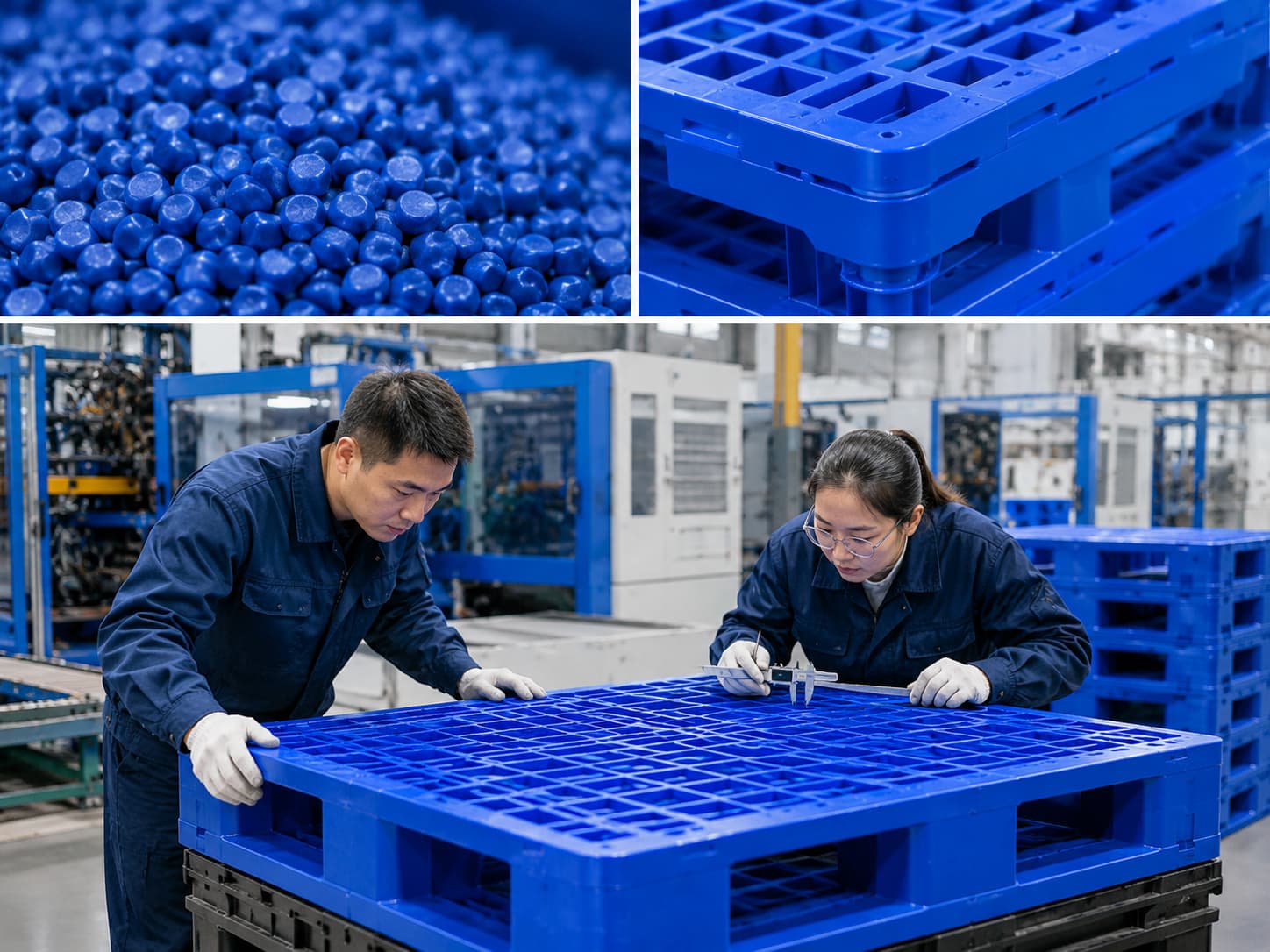 Quality control inspection of blue plastic pallets with raw plastic pellets and dimensional checking process