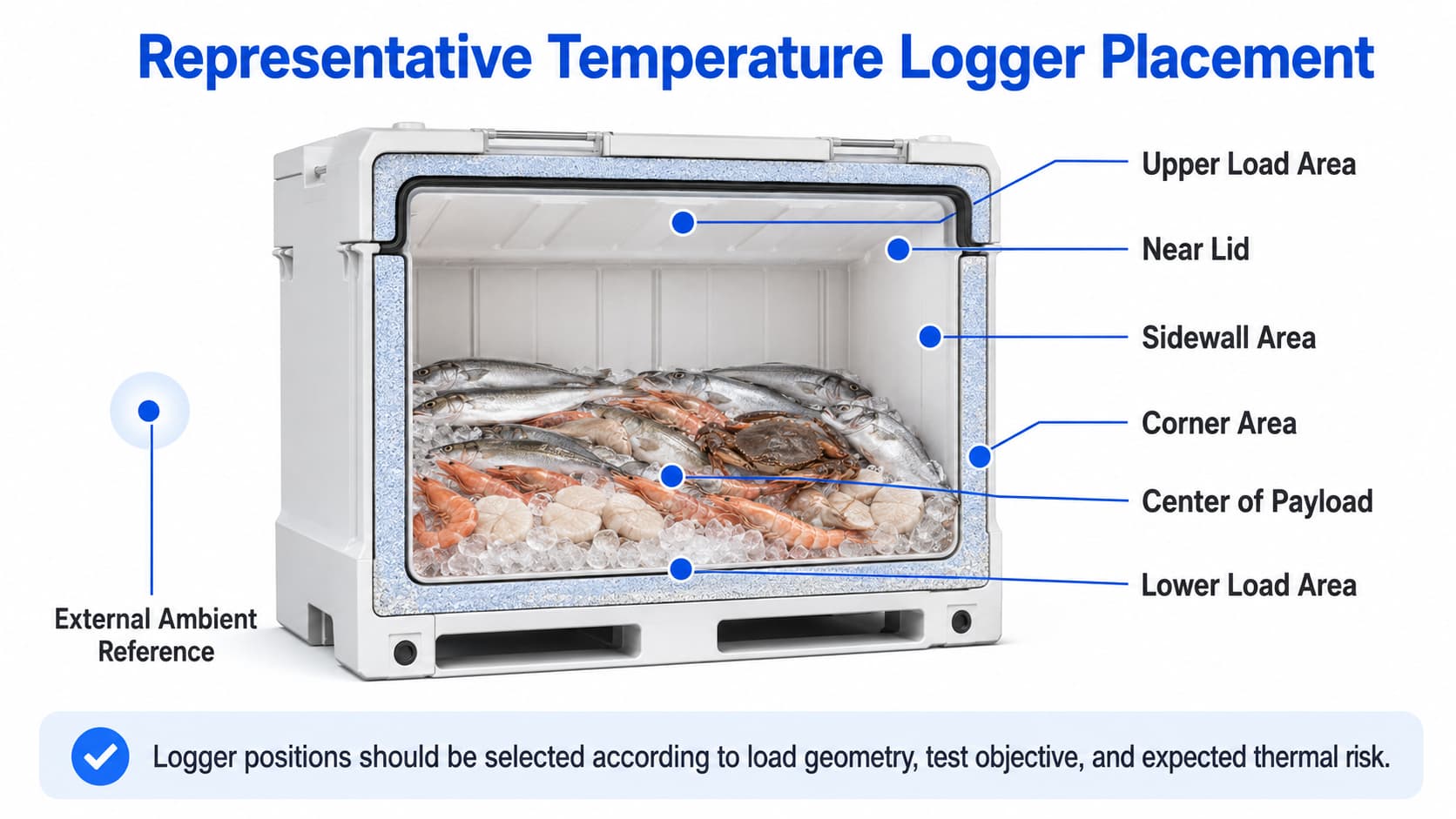 Representative temperature logger placement in an insulated seafood container