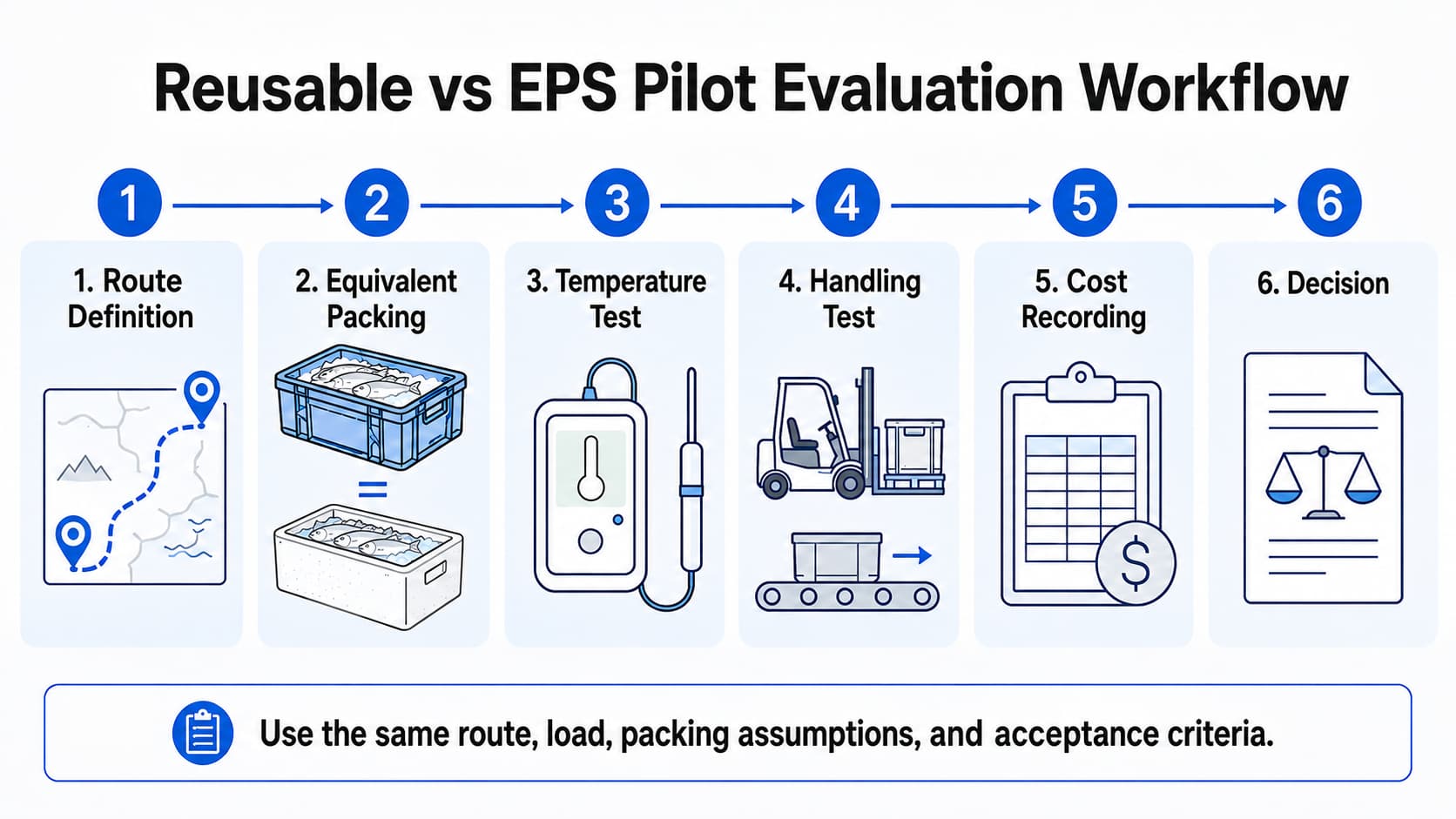 Reusable seafood container versus EPS foam box pilot evaluation workflow