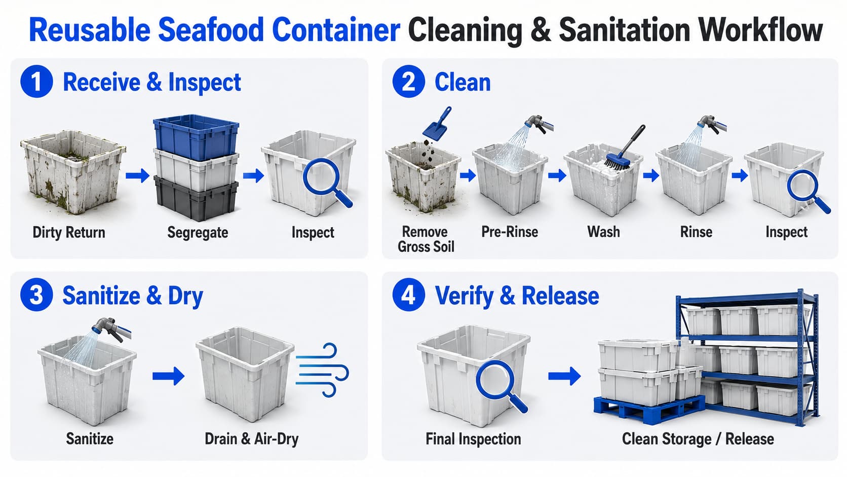 Reusable seafood transport container cleaning and sanitation workflow