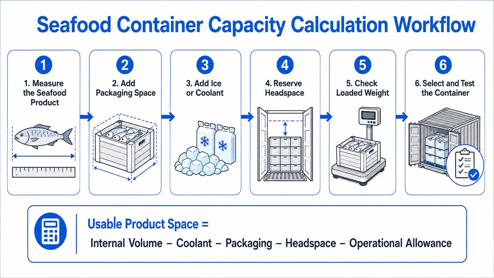 Seafood transport container capacity calculation workflow