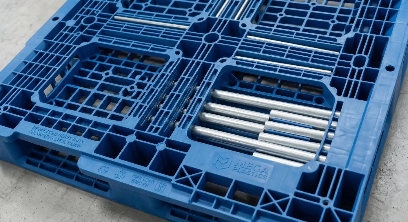 the underside of a robust blue plastic pallet