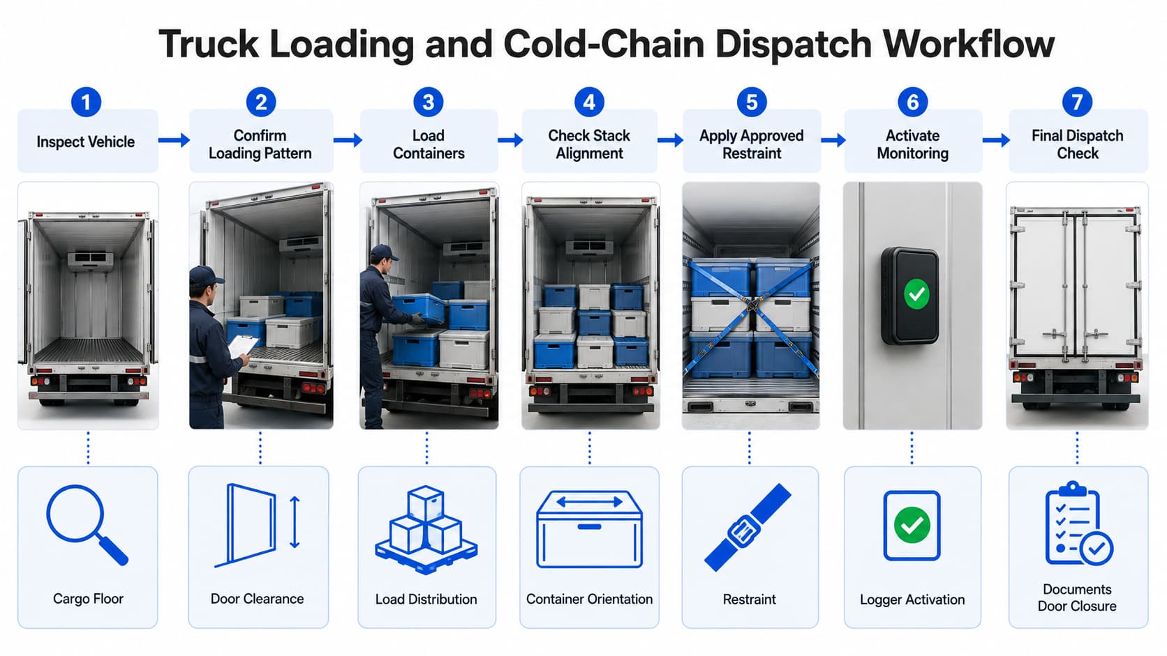 Truck loading and cold-chain dispatch workflow for seafood transport containers