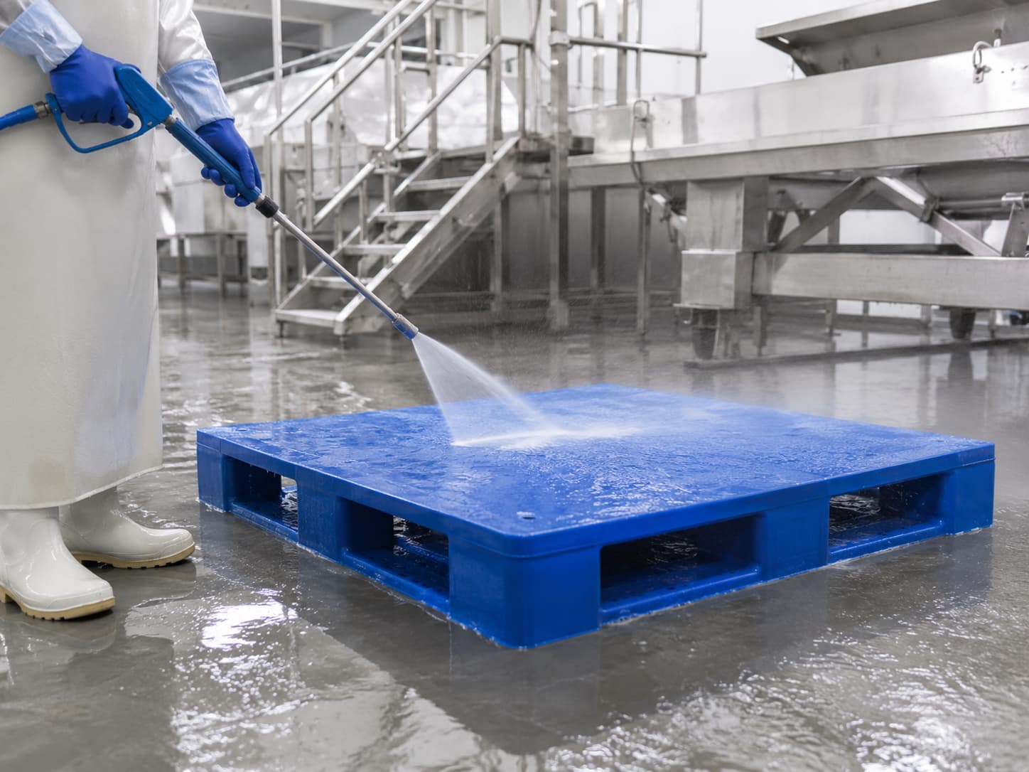 Washdown cleaning process for hygienic plastic pallets in food processing facility