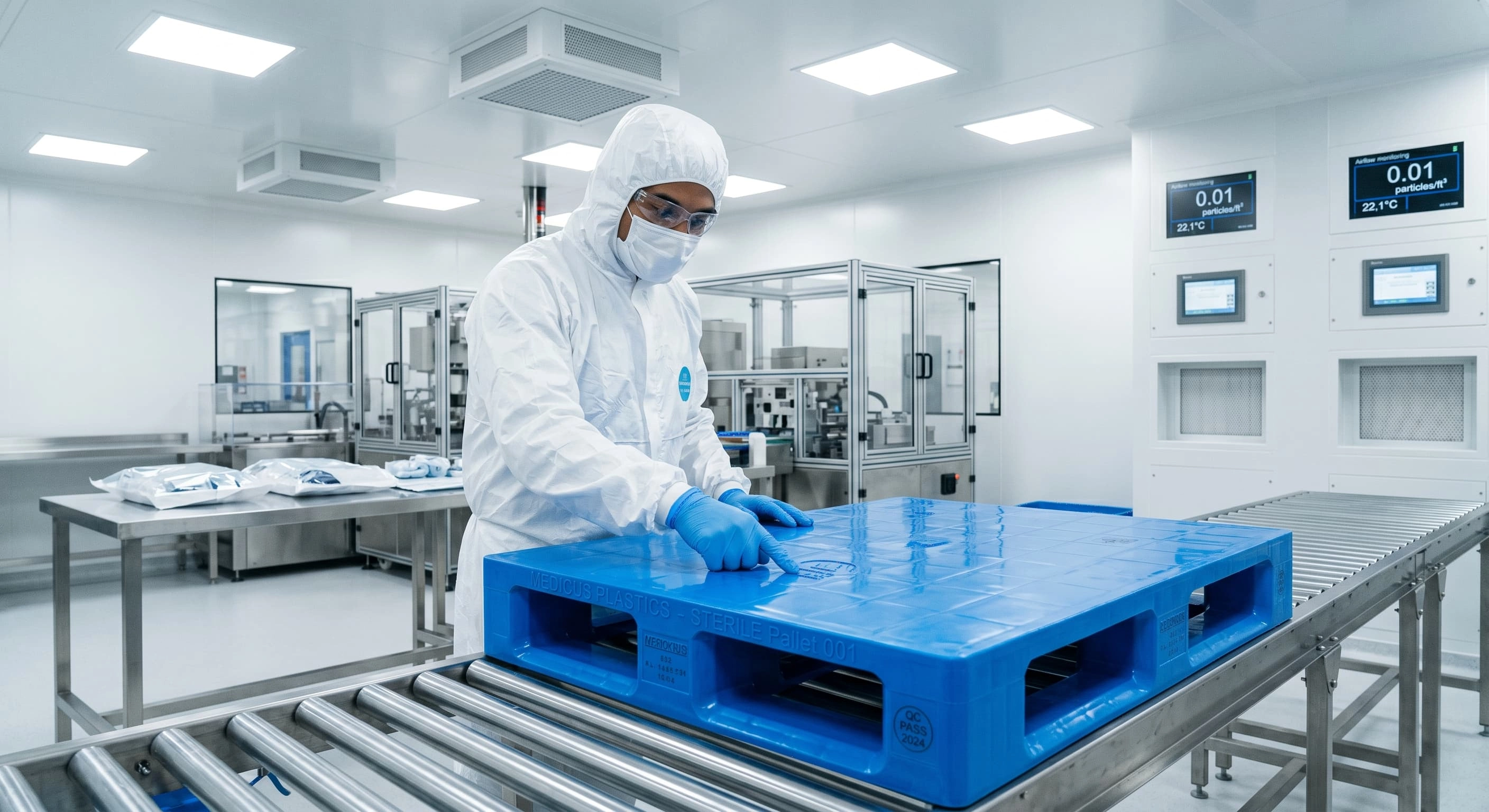 Worker inspecting a clean medical industry plastic pallet in a sterile facility. (1) - Weihong