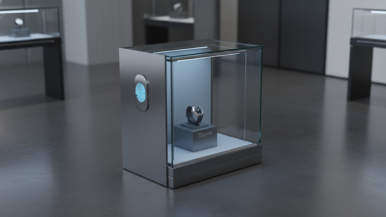 3D diagram of modern dispensary display case security components