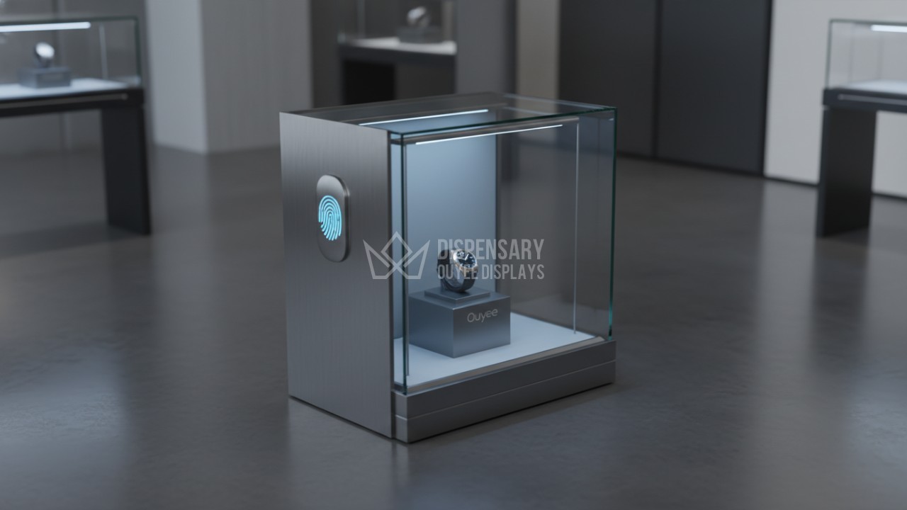 3D diagram of modern dispensary display case security components