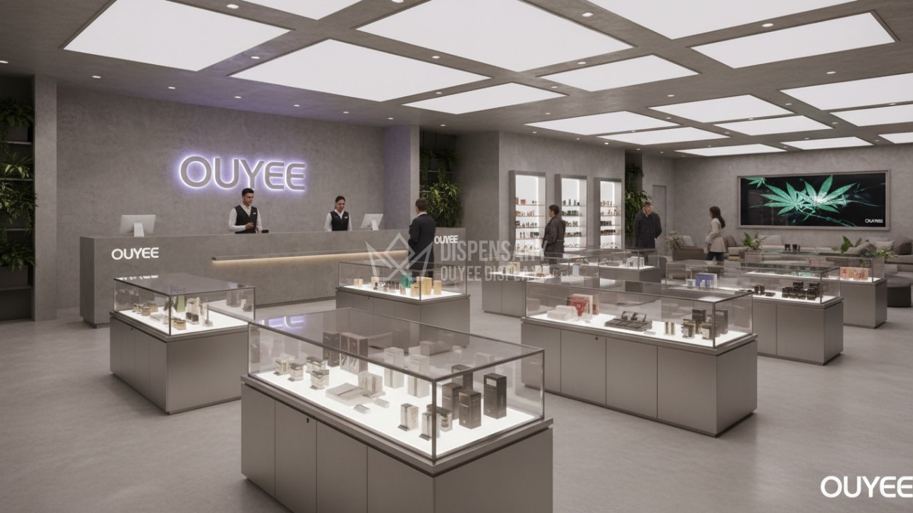 A cinematic wide view of a luxury dispensary interior featuring Ouyee modular display units.