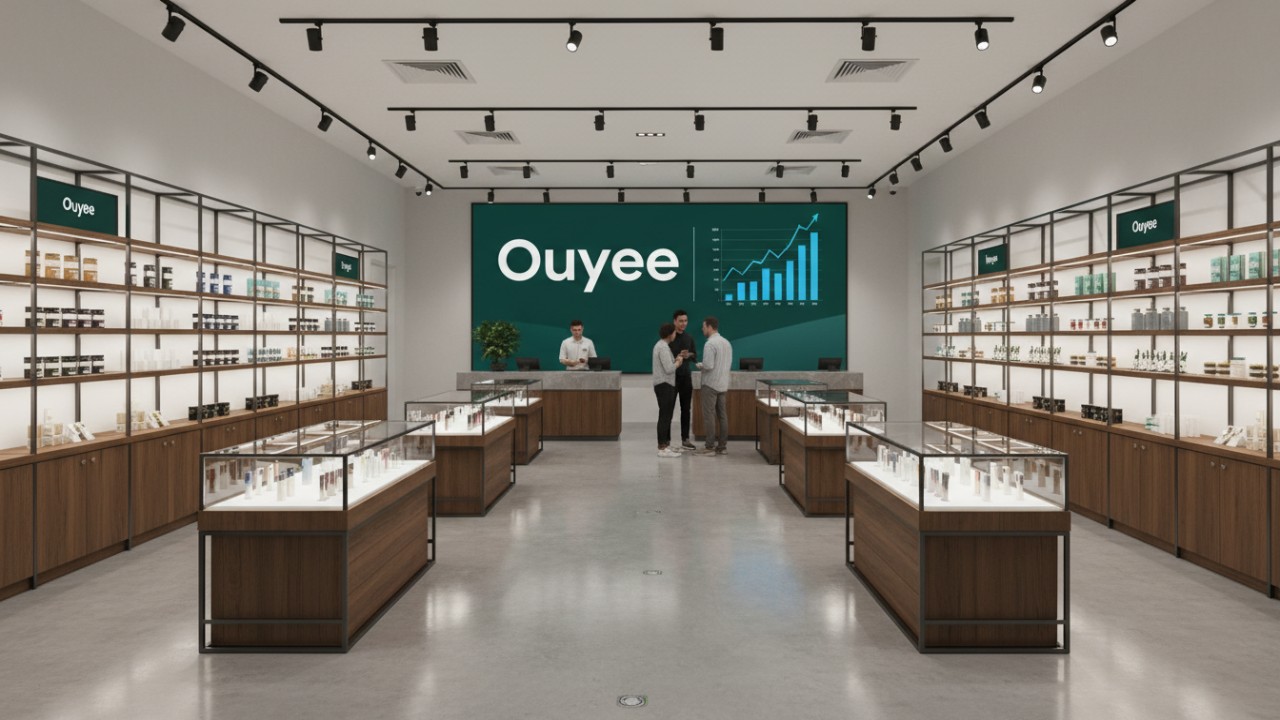 A clean and organized cannabis retail floor layout illustrating professional merchandising techniques with the Ouyee logo visible on a screen.