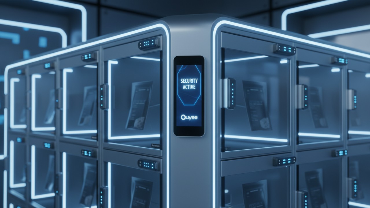A close up of a futuristic high security dispensary display case with integrated technology and an Ouyee branded digital interface.