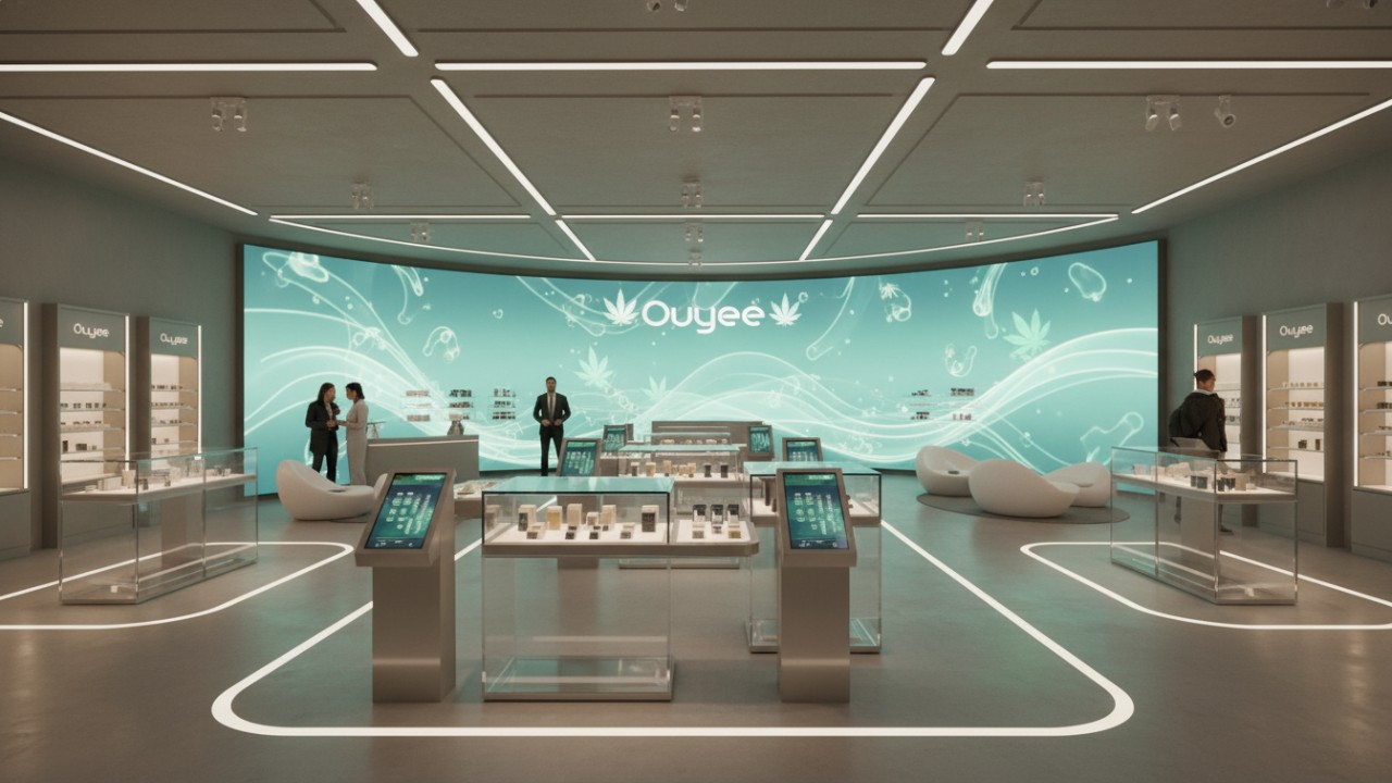 A futuristic dispensary interior with seamless glass displays and the Ouyee brand logo on a large digital screen.