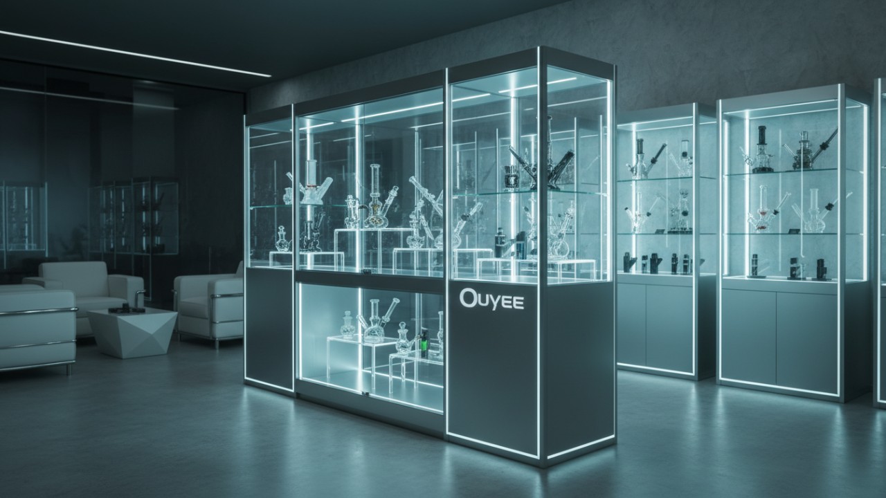 A futuristic smoke shop interior featuring sleek LED-lit glass display cases with Ouyee branding on the glass.