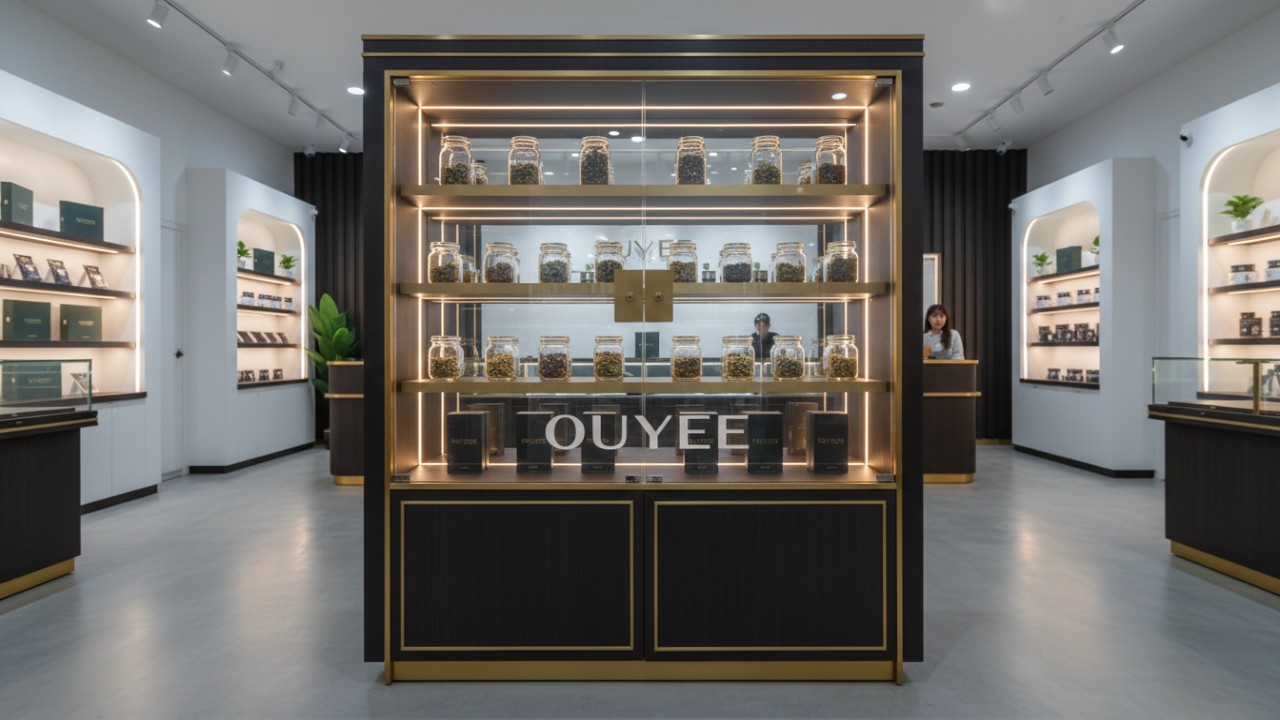 A high-end cannabis dispensary display cabinet featuring glass and wood with the Ouyee brand name etched on the front