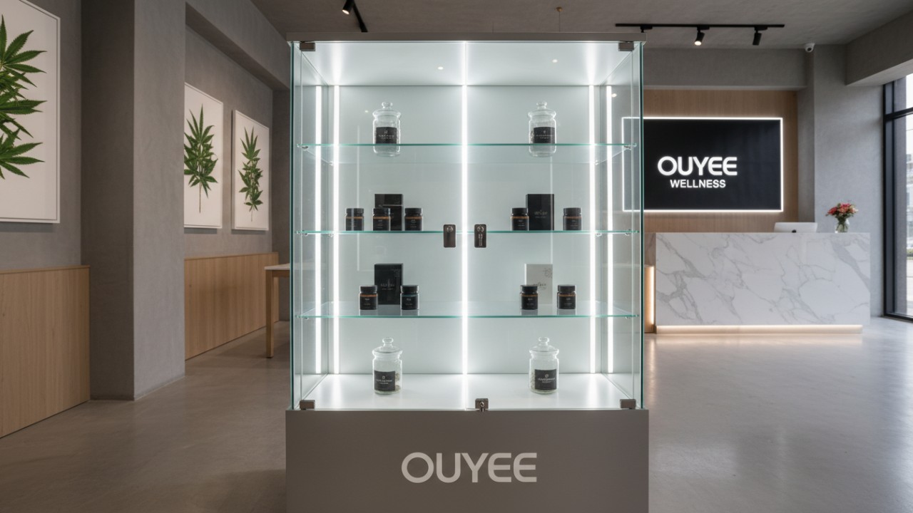 A high-end dispensary glass display case with LED lighting and the Ouyee brand name on the base.