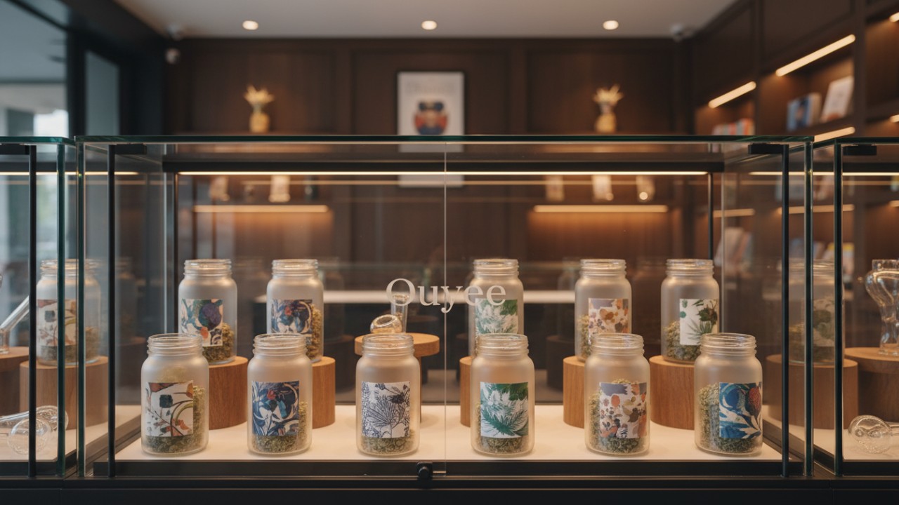 A high-end glass cannabis display showcase with internal LED lighting and Ouyee branding in a luxury retail environment.