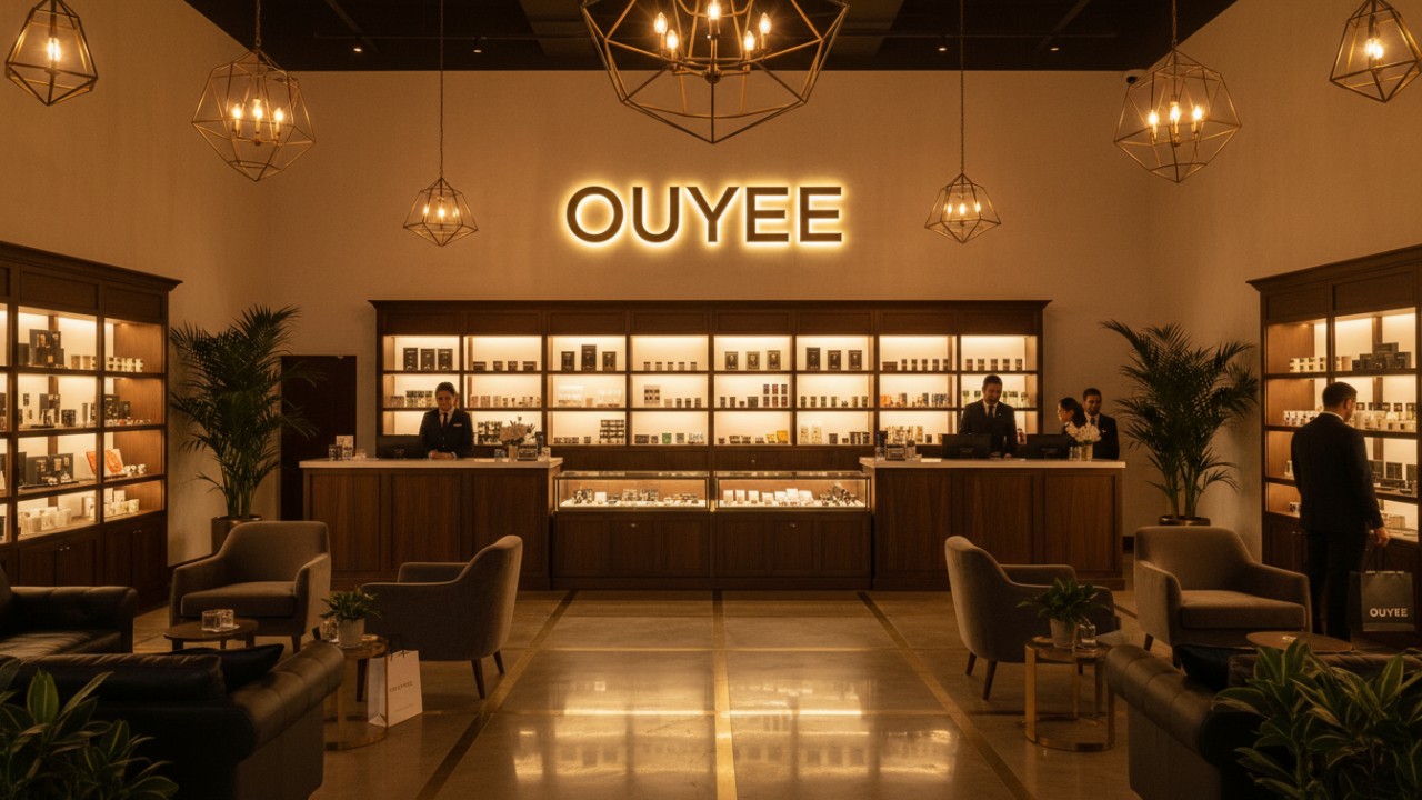 A luxurious and successful dispensary interior featuring a prominent Ouyee brand sign on the back wall