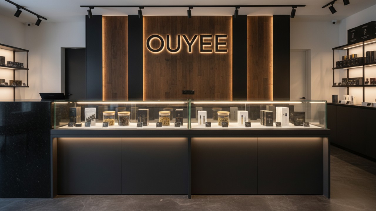 A luxury custom glass dispensary display case with LED lighting and the Ouyee brand name visible on the background wall