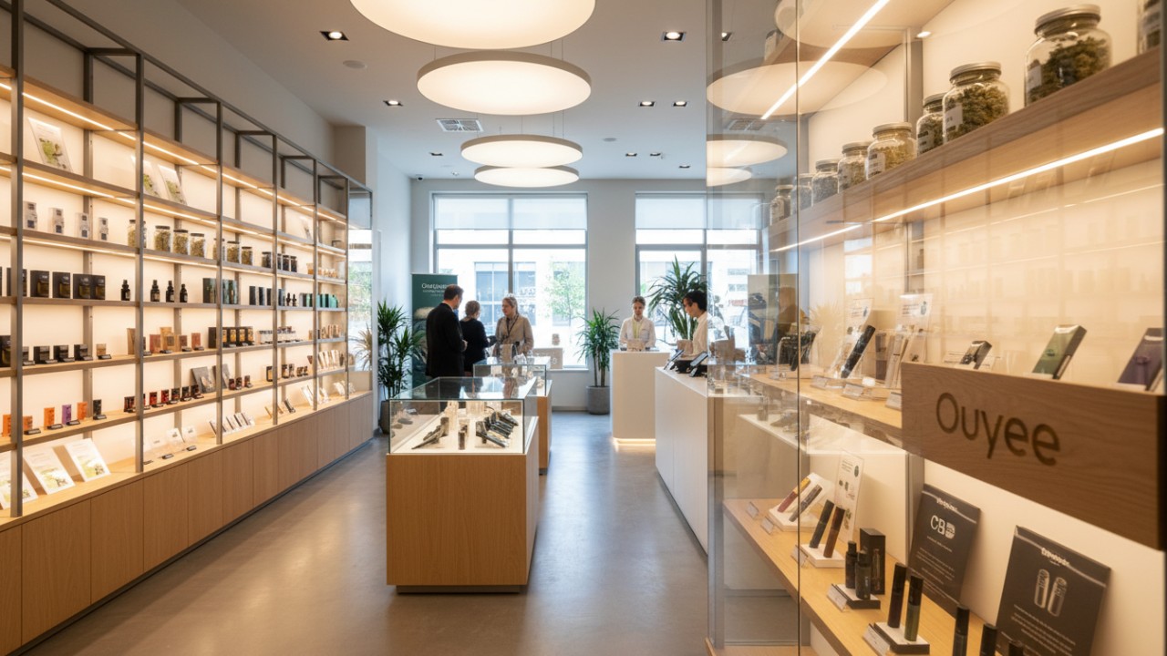 A modern cannabis dispensary interior featuring elegant glass and wood display fixtures with Ouyee branding.