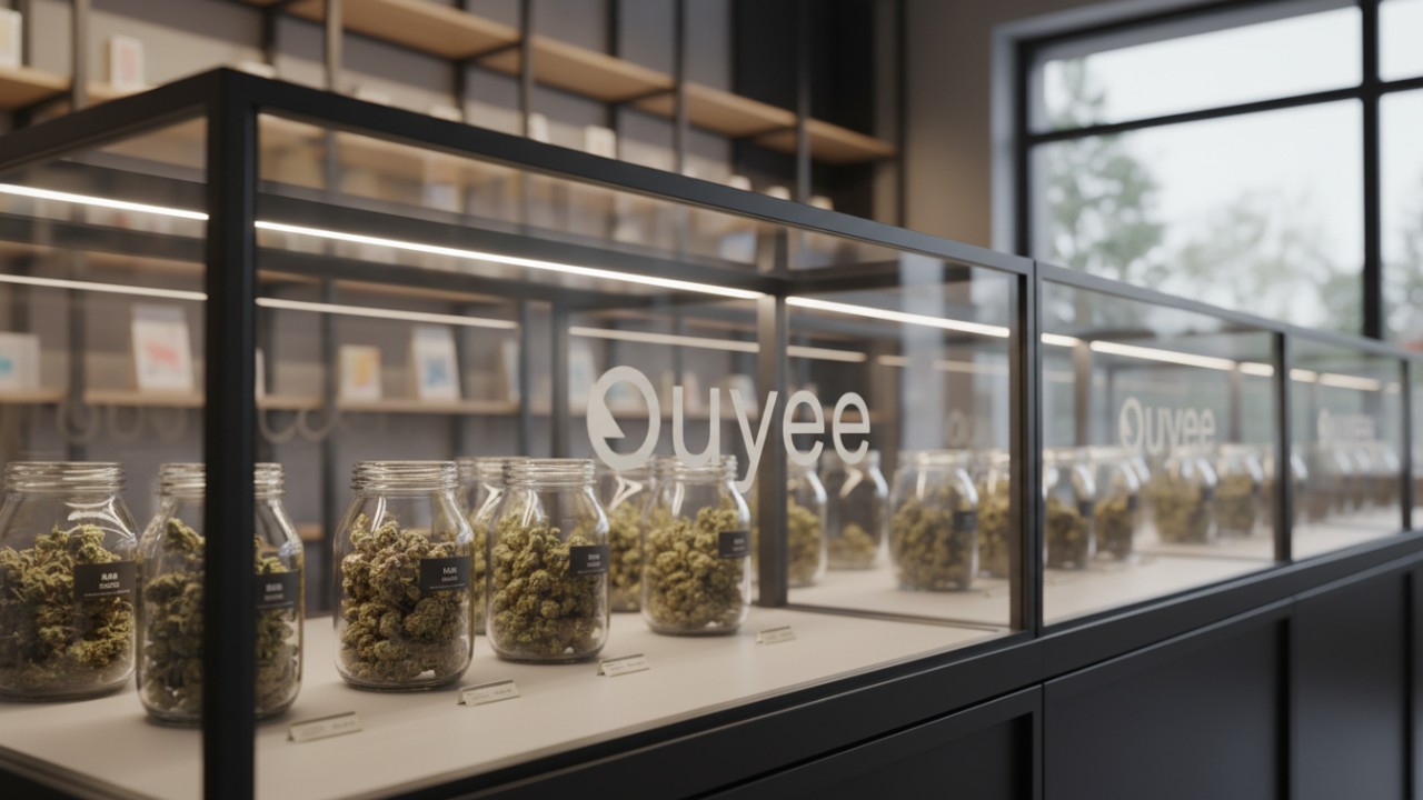 A modern glass cannabis display counter with LED lighting and the Ouyee brand name etched on the glass