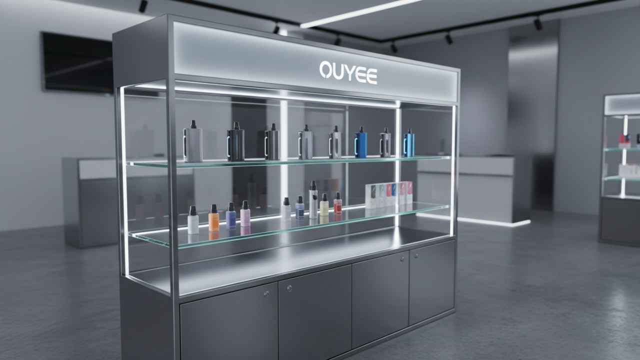 A modern LED illuminated e cigarette display cabinet featuring the Ouyee brand name in a high end retail store.