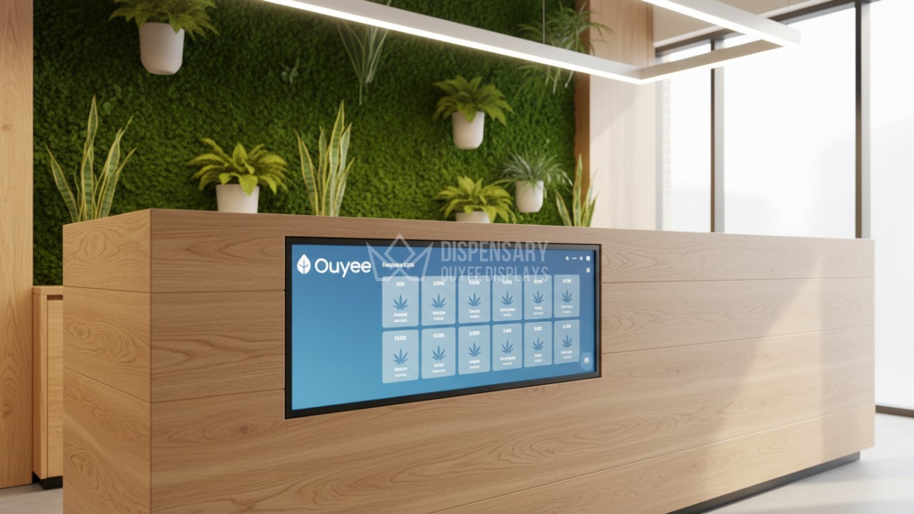 A modern tech-forward dispensary display featuring a digital interface on a sustainable wood counter with the Ouyee logo