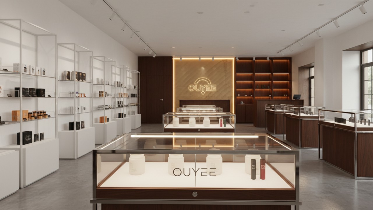 A professional 3D render of a dispensary interior showing a variety of retail shelving options and a premium glass display case featuring the Ouyee brand name.