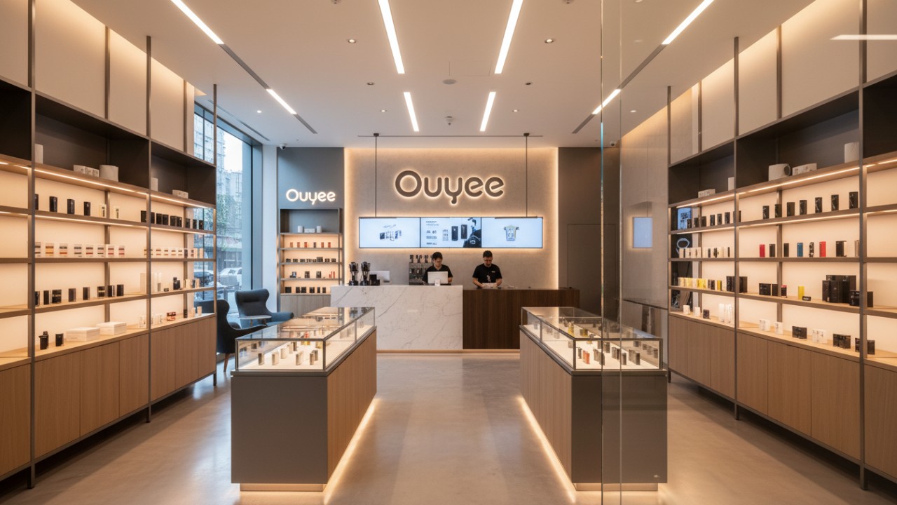 A professional and modern vape shop interior with premium display fixtures and Ouyee branding on the wall.