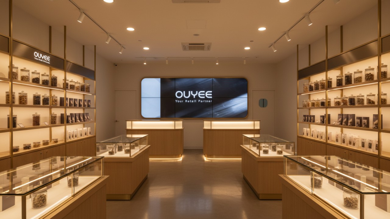 A professional and successful dispensary interior featuring the Ouyee logo on a digital screen behind the counter.