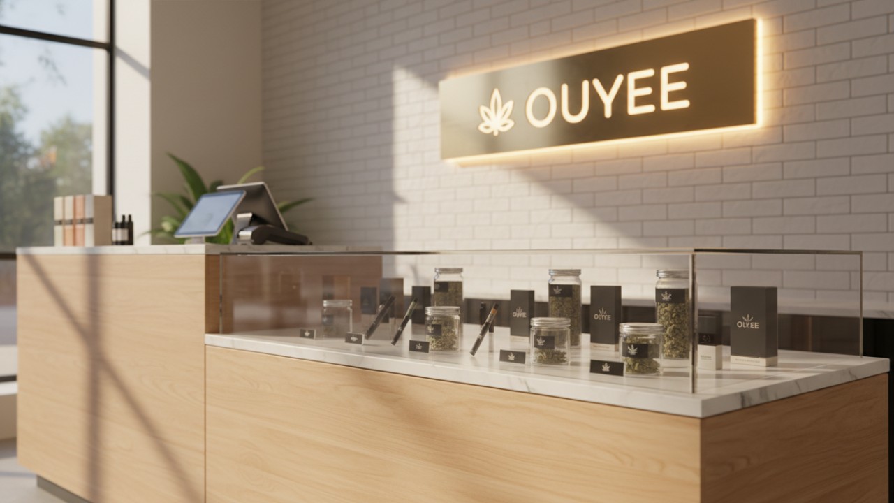 A professional dispensary checkout area featuring an Ouyee branded sign and premium secure glass displays.