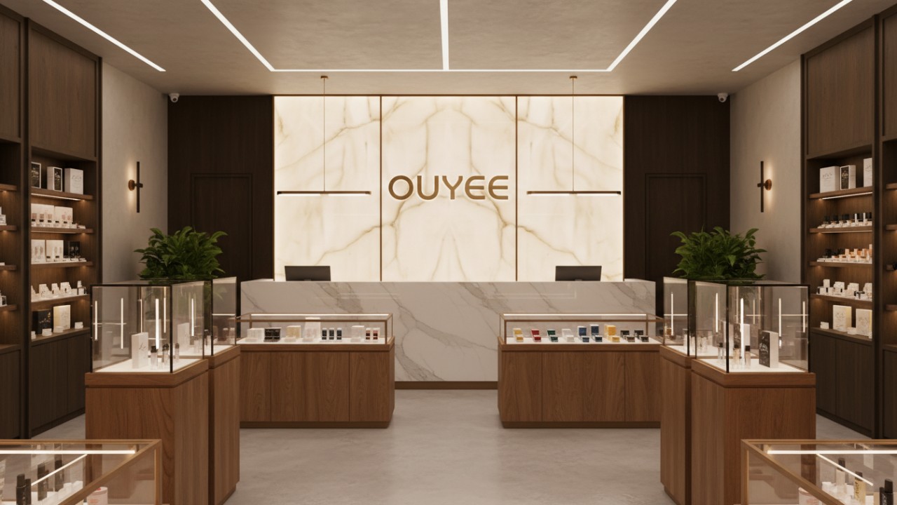 A professional luxury dispensary interior with Ouyee branding displayed on a lit wall behind a marble counter