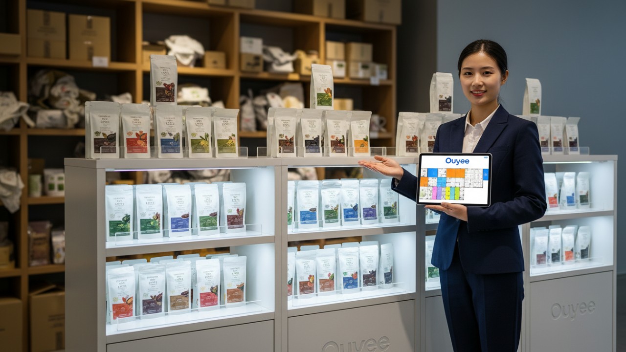 A professional retail expert showing the difference between a cluttered shelf and an organized Ouyee branded display case.