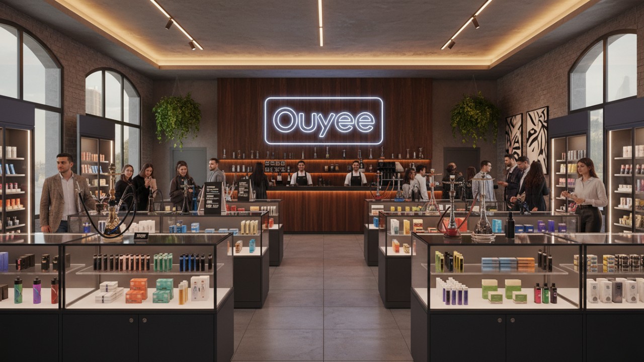A prosperous and modern smoke shop interior with customers browsing and a large Ouyee sign above the service counter.