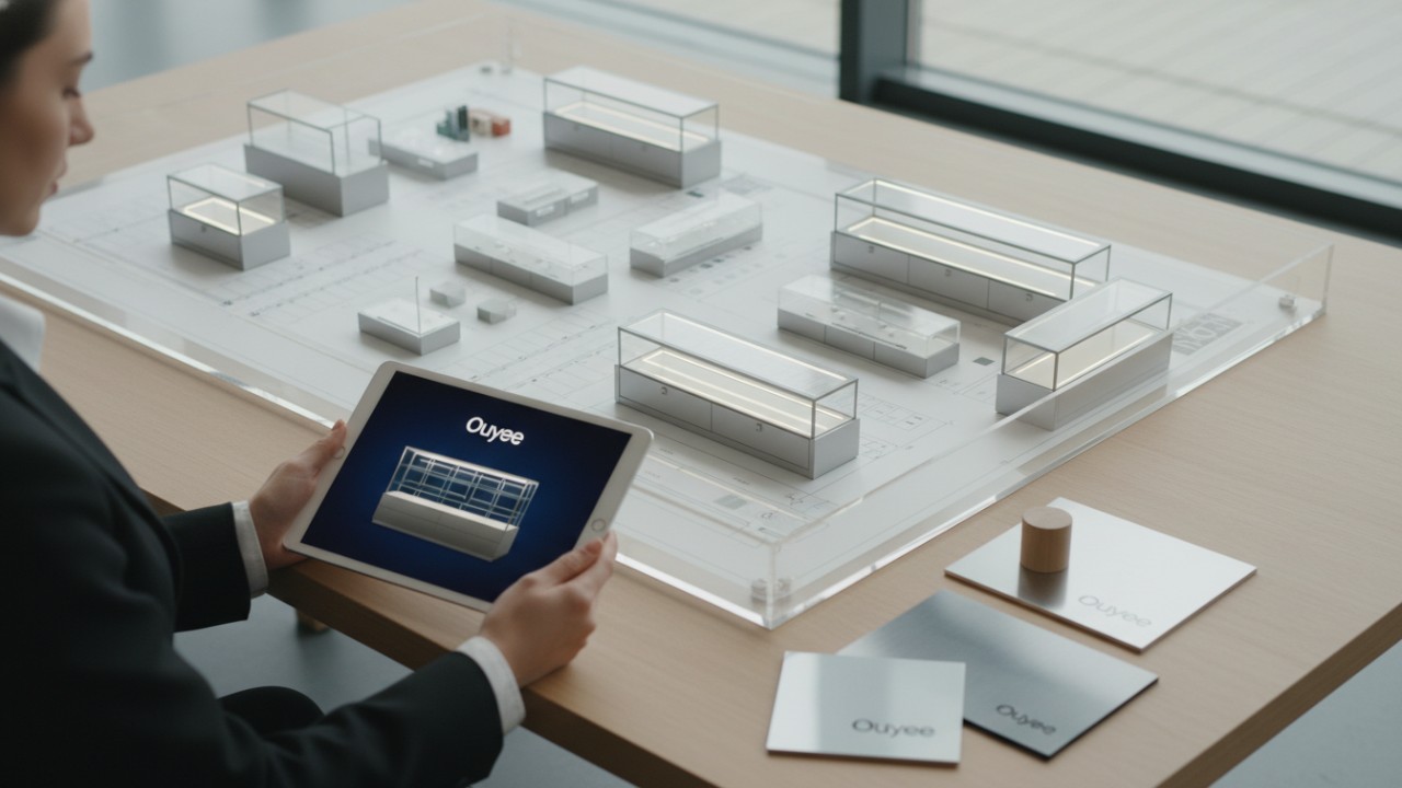 A retail designer viewing a 3D model of a dispensary fixture on a tablet featuring the Ouyee logo