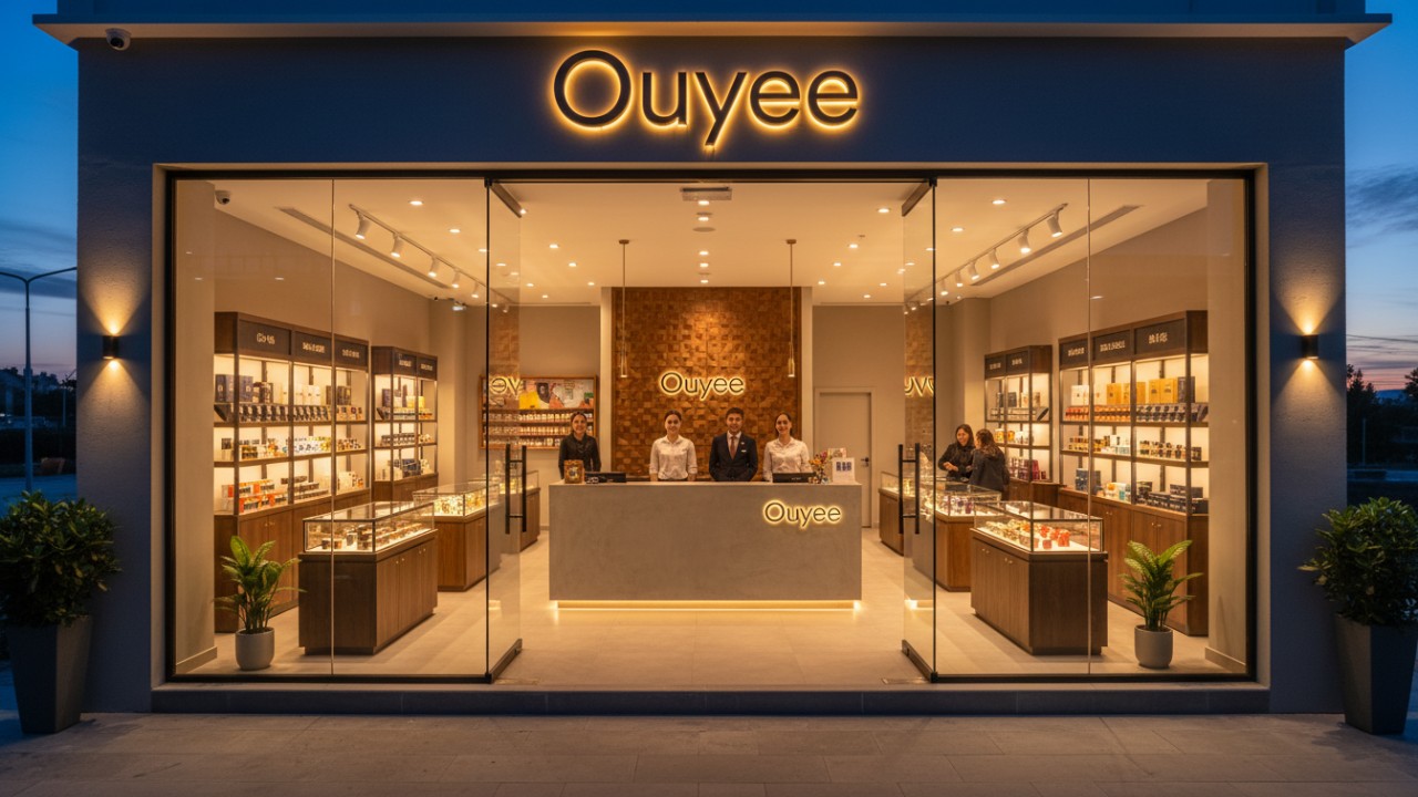 A wide-angle view of a finished modern dispensary interior featuring Ouyee branded retail fixtures and custom displays