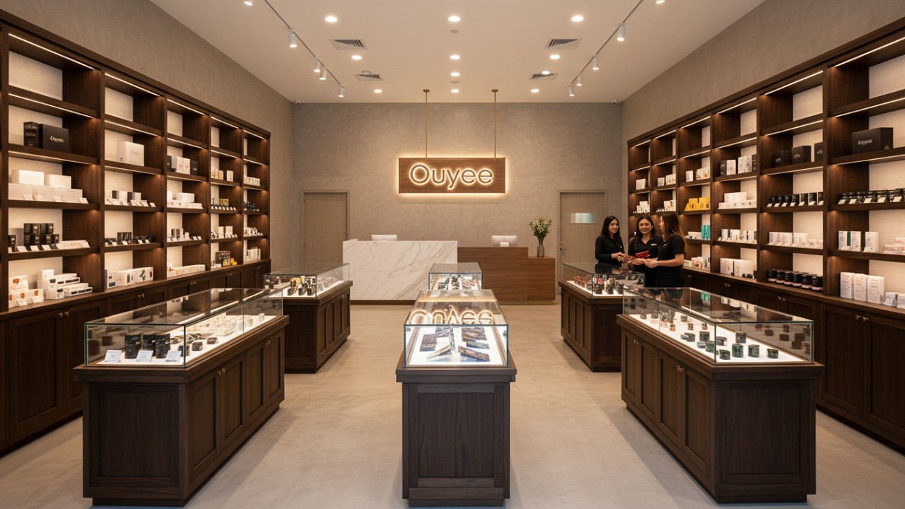 A wide view of a finished and professional dispensary retail floor featuring organized custom shelving and a backlit Ouyee sign on the back wall.