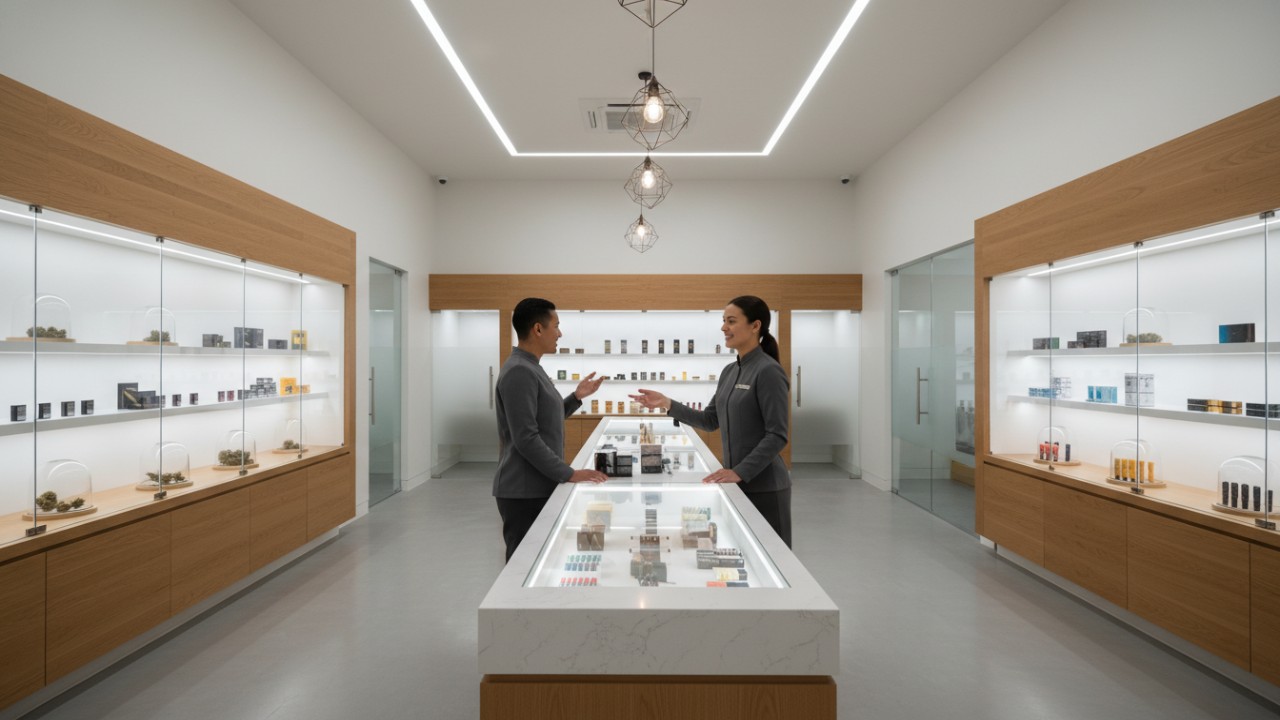 A_modern_cannabis_dispensary_interior_featuring_sleek_glass_display_cases_and_a_professional_retail_layout_