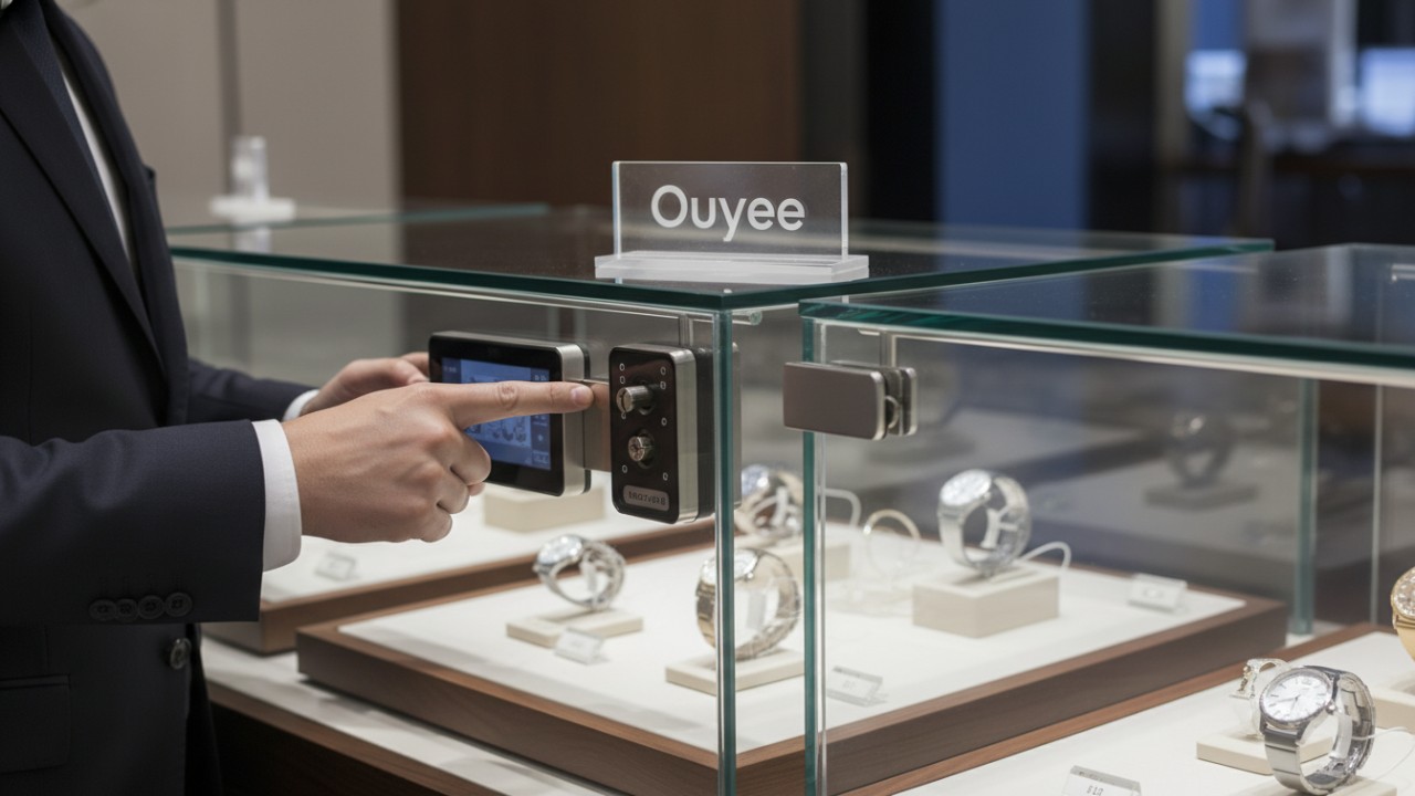 An expert inspecting security features of a high-quality retail display case with an Ouyee brand sign.