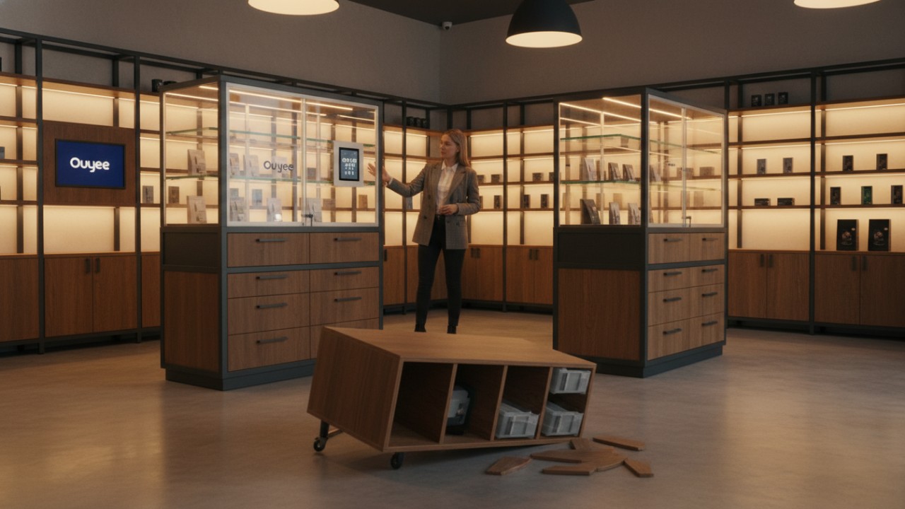 An expert pointing to high quality modular dispensary fixtures with the Ouyee logo visible on a screen