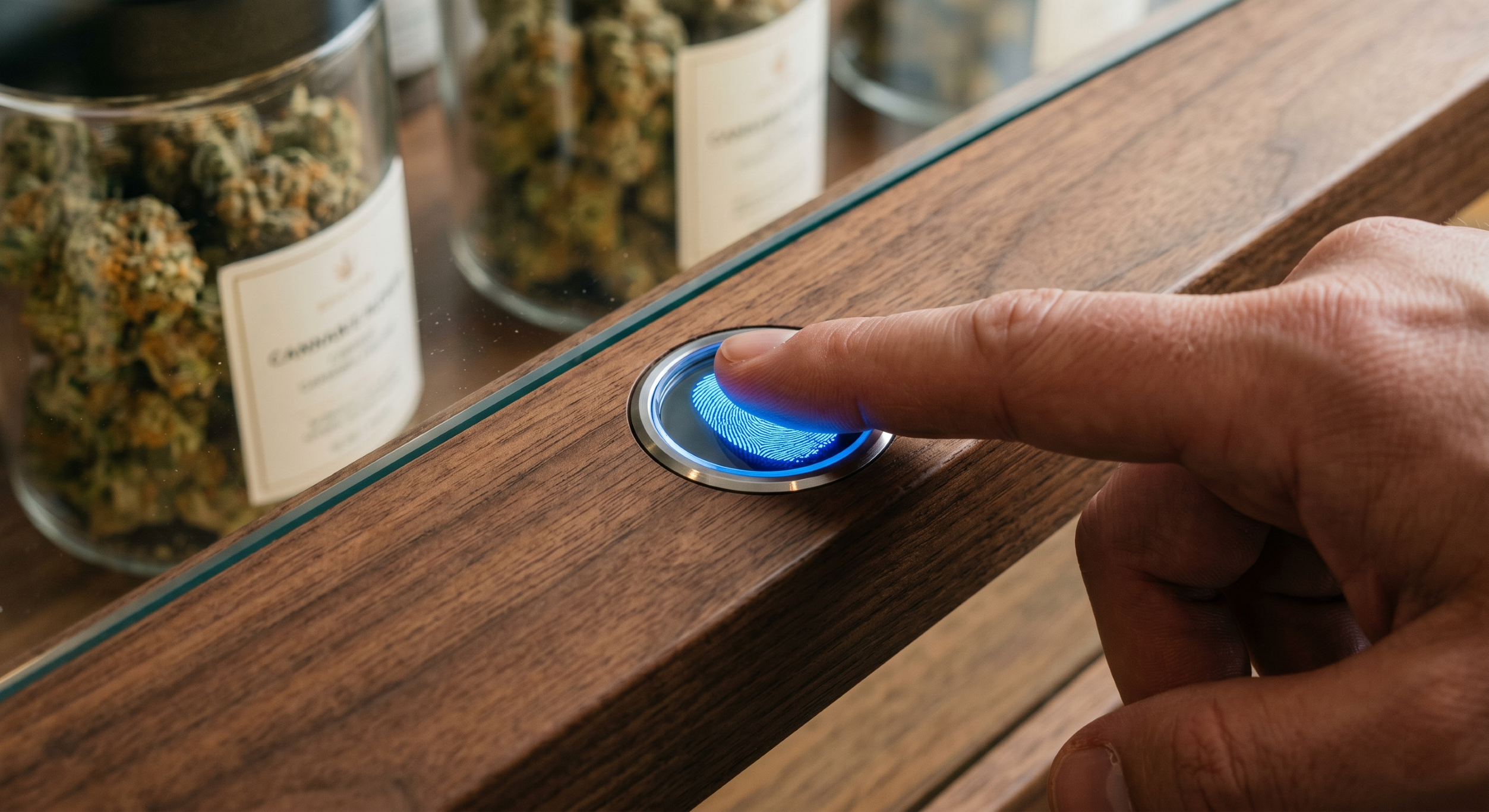 Biometric fingerprint scanner on dispensary case