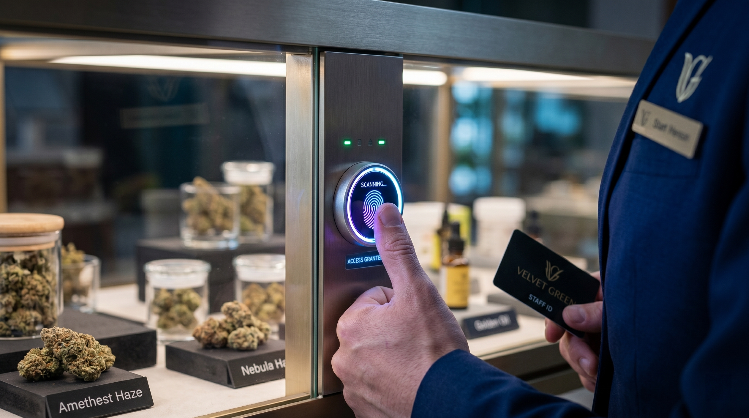 biometric smart lock on cannabis display cabinet