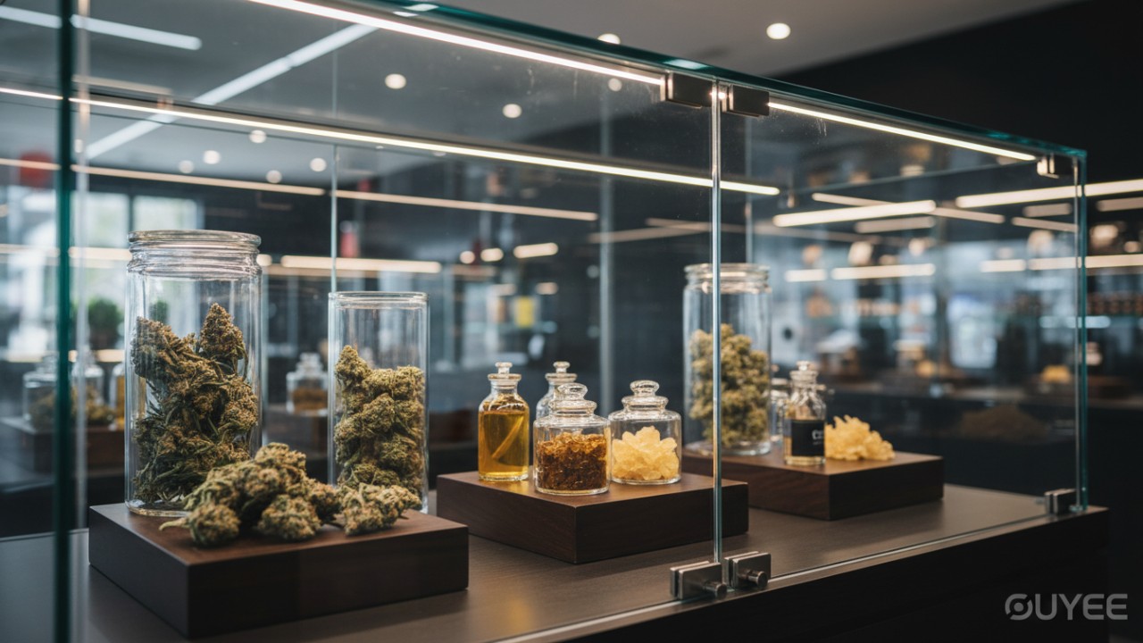 Close up of a luxury tempered glass display case showcasing premium cannabis flower with high clarity