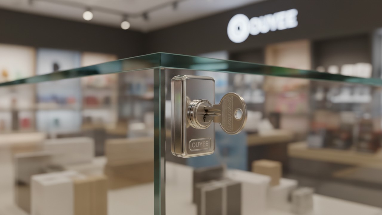 Close up of a mechanical plunger lock on a glass retail display cabinet with a silver key
