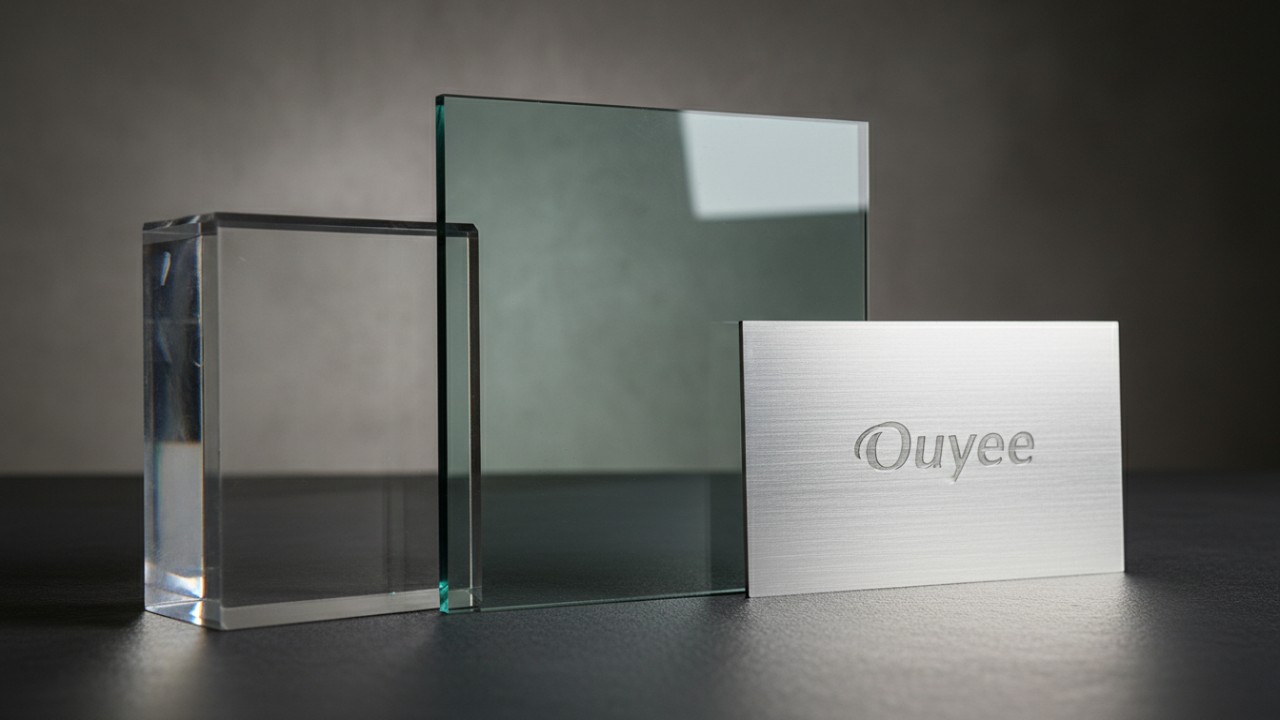 Close up of high quality acrylic glass and metal retail fixture materials with an engraved Ouyee logo.