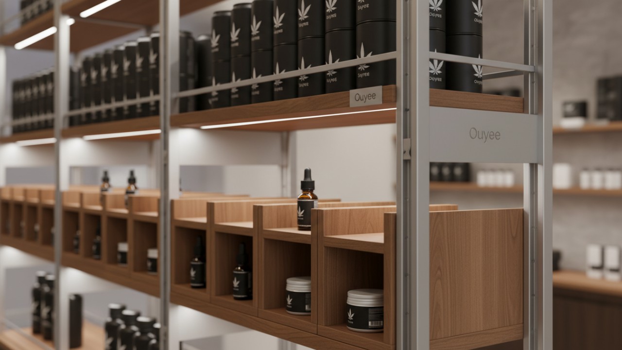 Close up of modular dispensary shelving displaying cannabis beverages and topical products