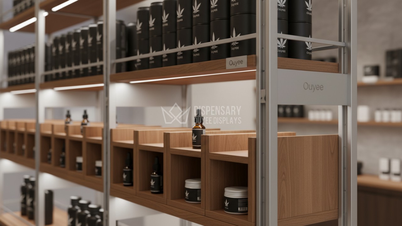 Close up of modular dispensary shelving displaying cannabis beverages and topical products