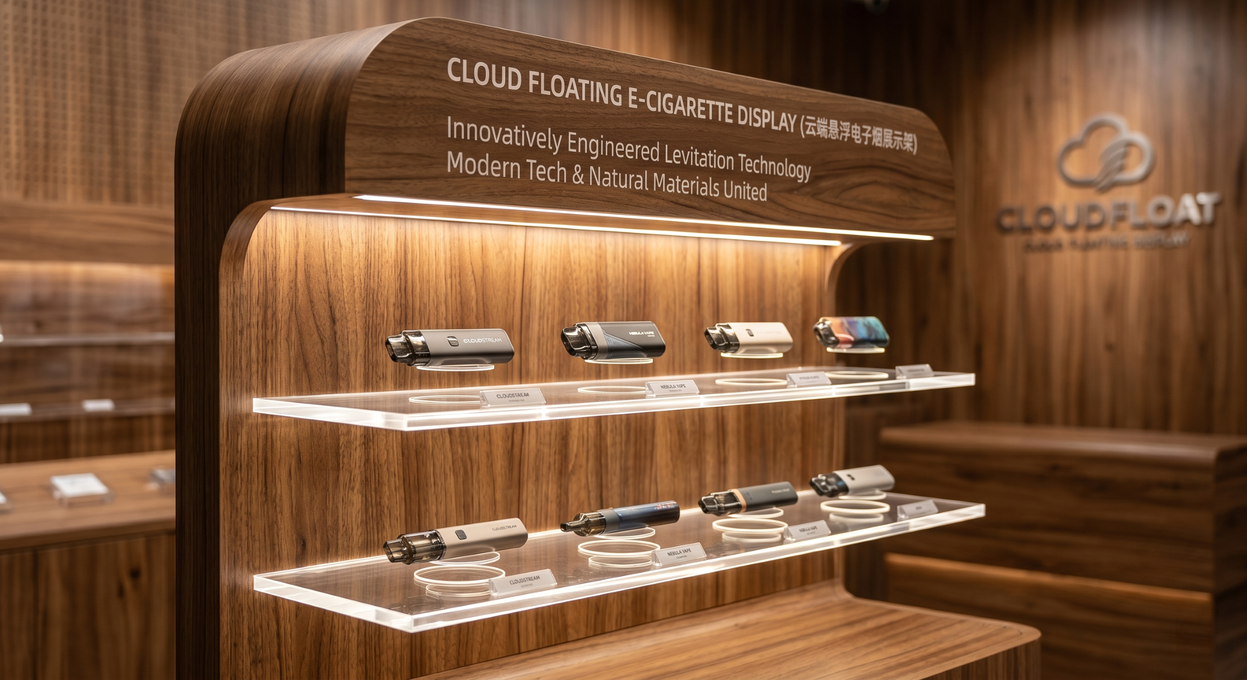 Cloud floating e-cigarette display with wood-grain finish and warm lighting