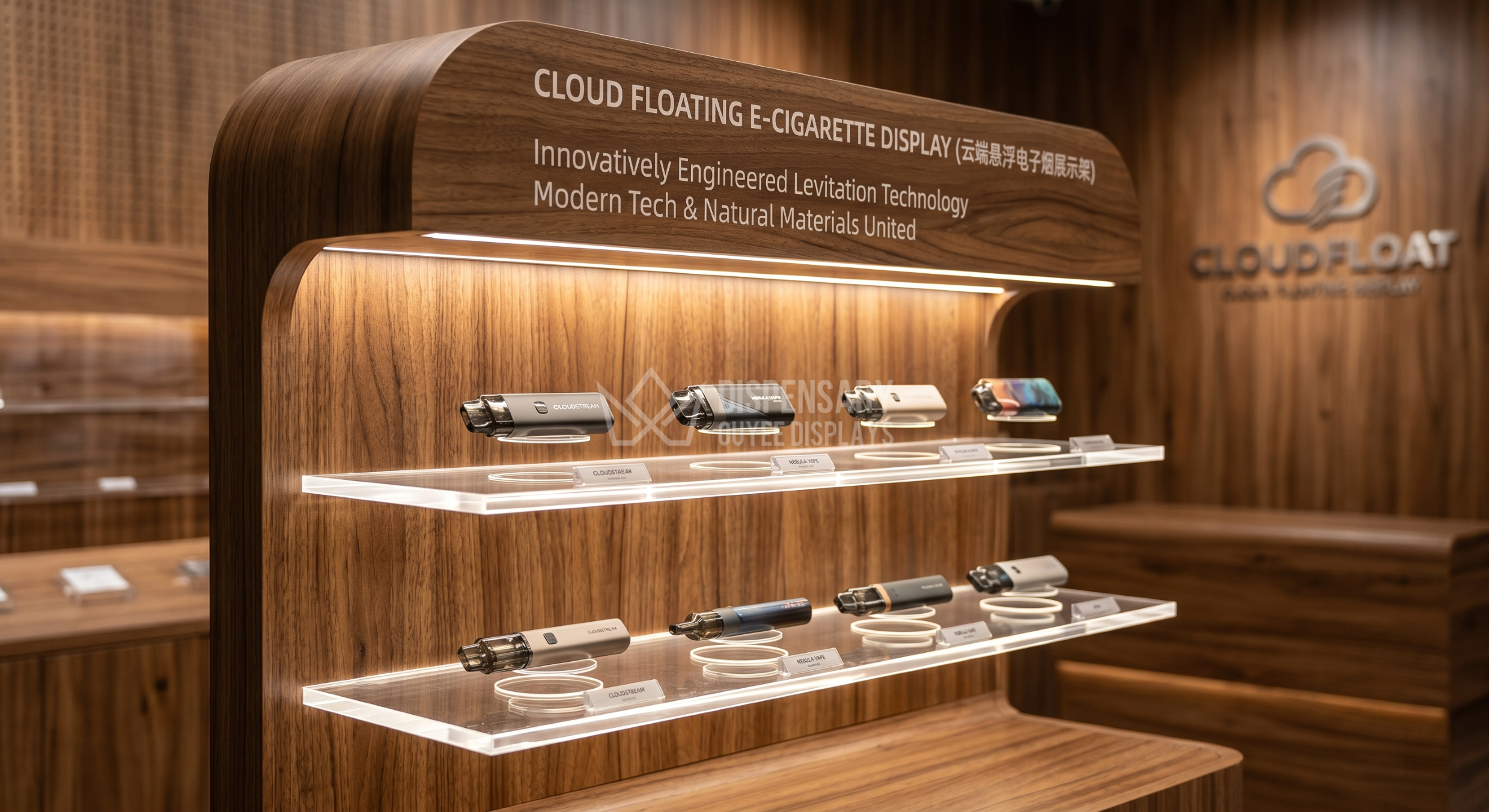 Cloud floating e-cigarette display with wood-grain finish and warm lighting Cloud floating e-cigarette display with wood-grain finish and warm lighting