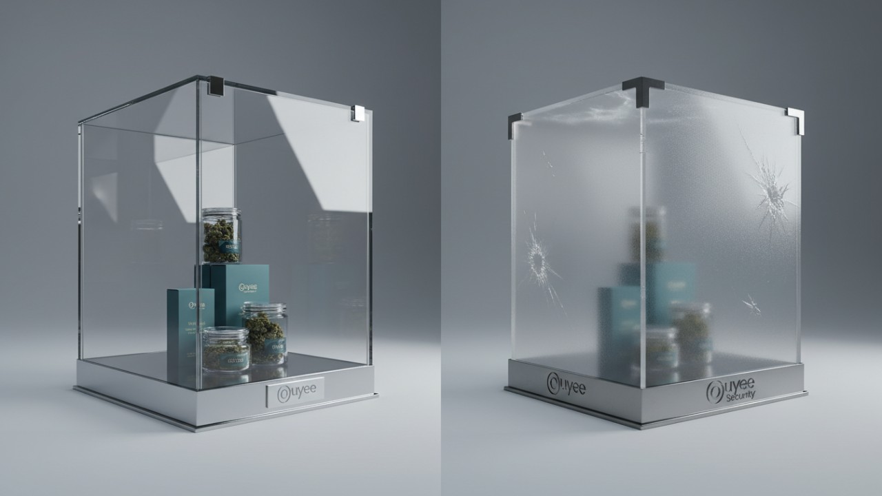 Comparison between a tempered glass display case and a high security acrylic polycarbonate case for retail