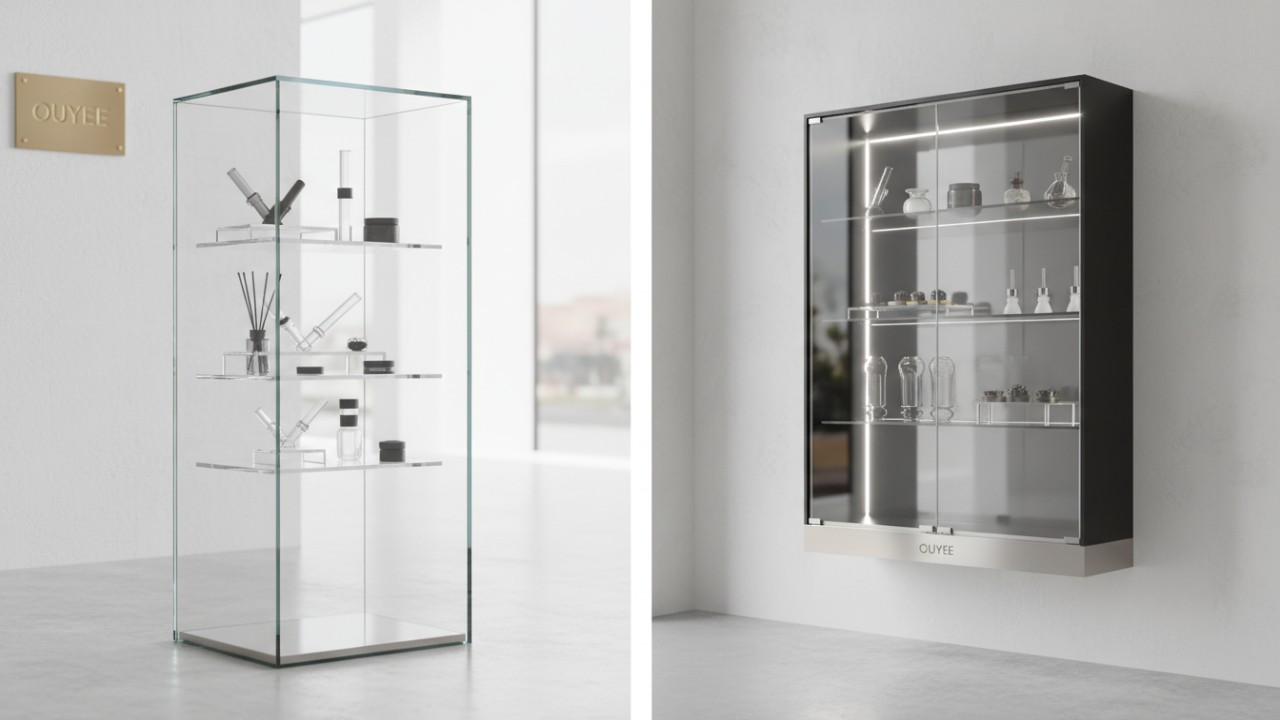 Comparison of different smoke shop retail fixtures including frameless and LED lit cabinets